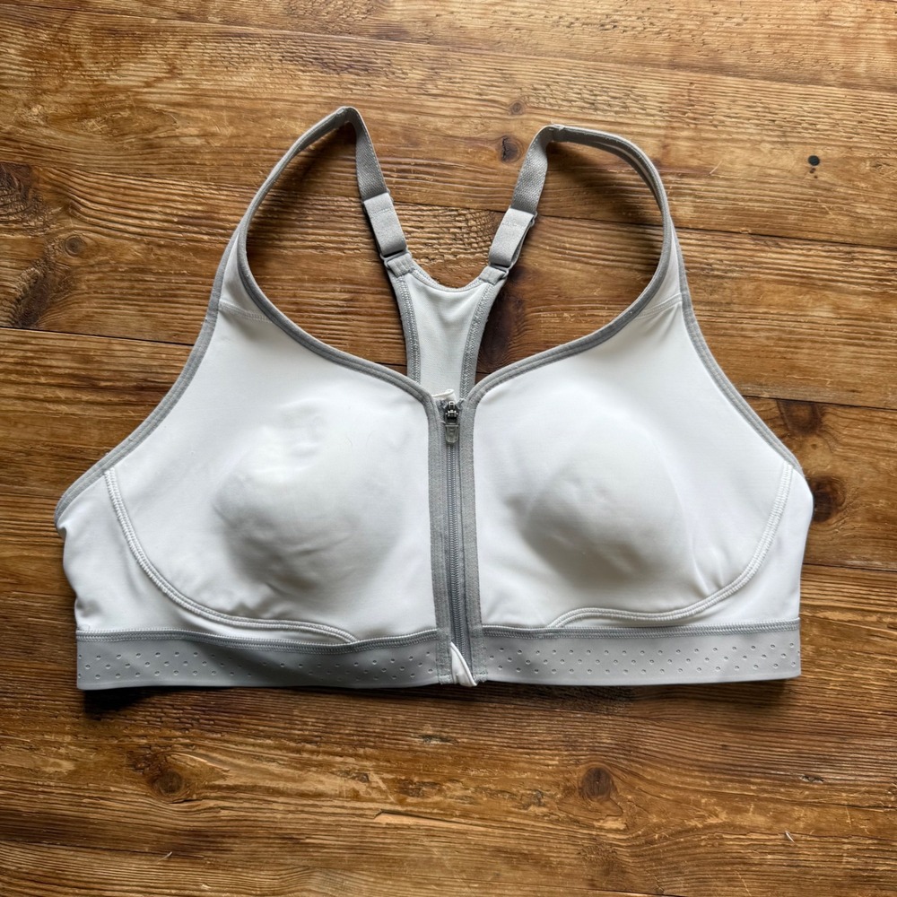 Champion Motion Control Front Zip Sport Bra White Grey Racerback High Impact EUC